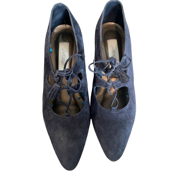 Lord & Taylor Navy Suede Lace-Up Cutout Kitten Heels Olivette 7M Retro - Picture 3 of 13